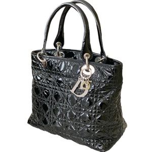 🔥Lady Dior 🔥 Bag Black Patent Shopper Regular Handles Cannage Medium